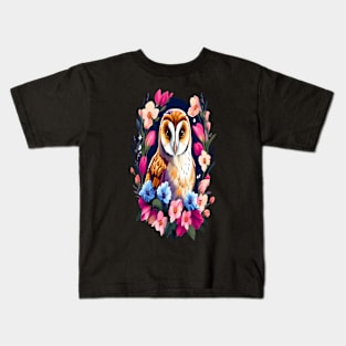 Cute European Barn Owl Surrounded by Bold Vibrant Spring Flowers Kids T-Shirt